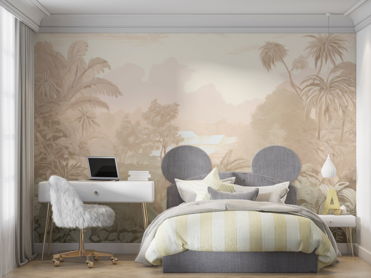 Soft tropical wallpaper design featured in luxury hotel lobby with natural lighting