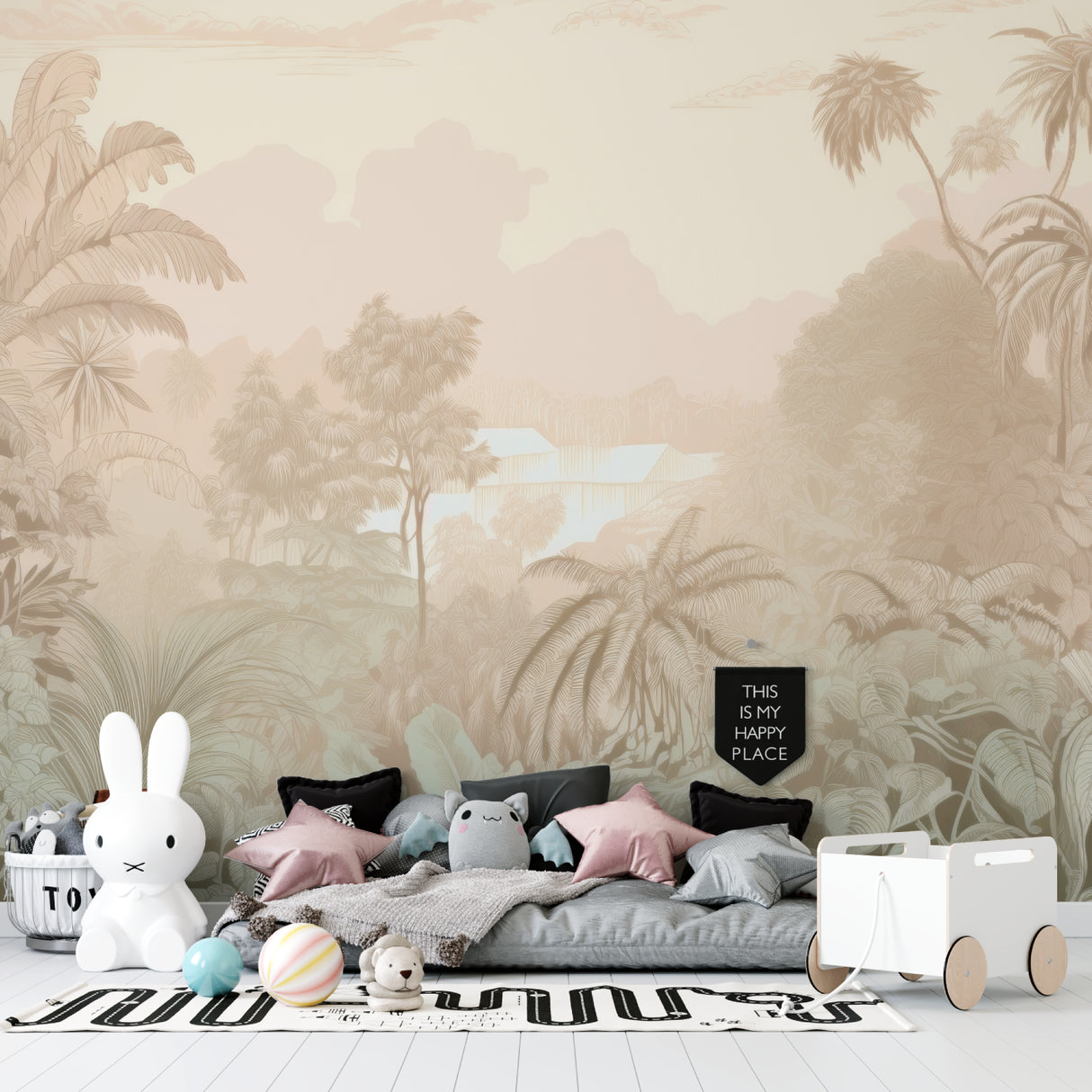 Palm tree mural wallpaper bringing paradise vibes to home office space