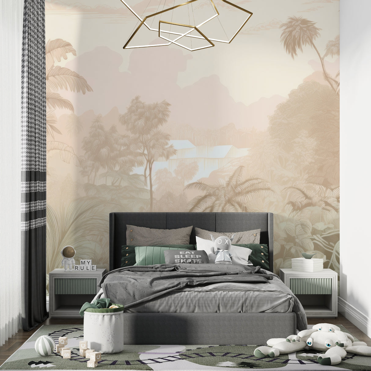 Beige tropical wall mural creating depth in dining room setting