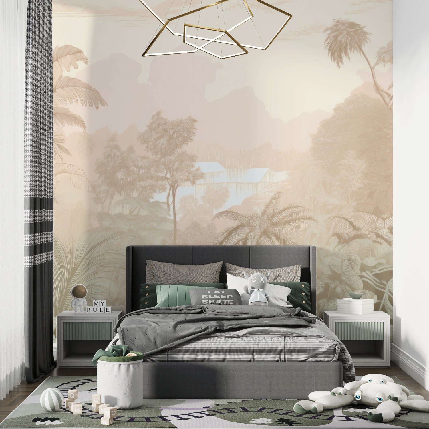 Beige tropical wall mural creating depth in dining room setting