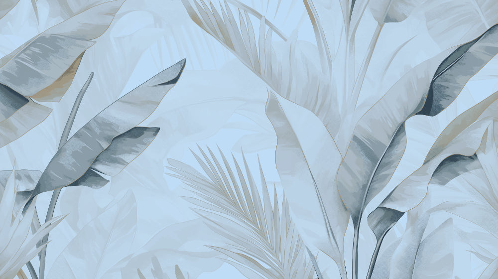 Blue palm leaves design file showing detailed botanical pattern and soft watercolor effects