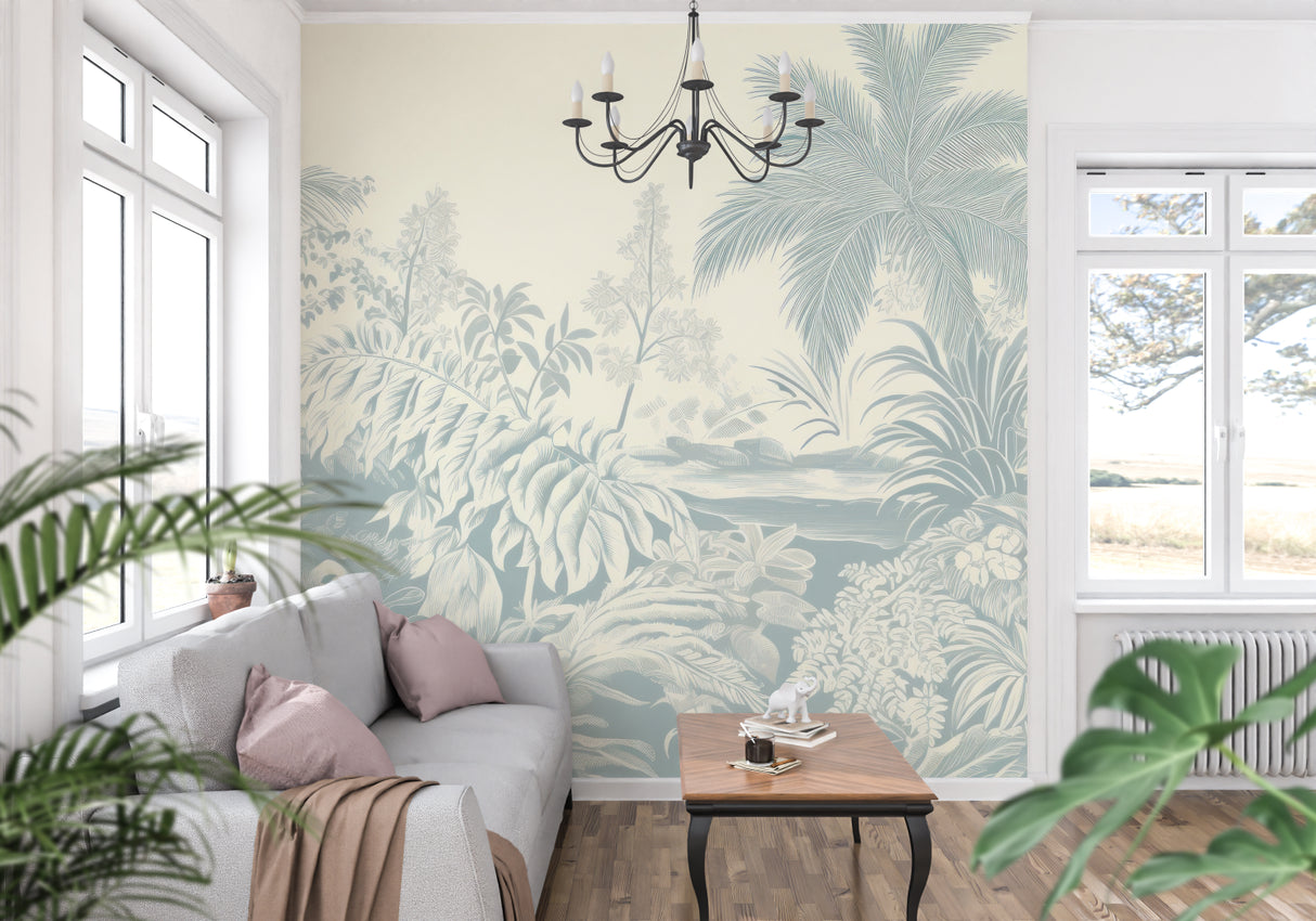 Soft blue tropical wall mural brightening up a home office space