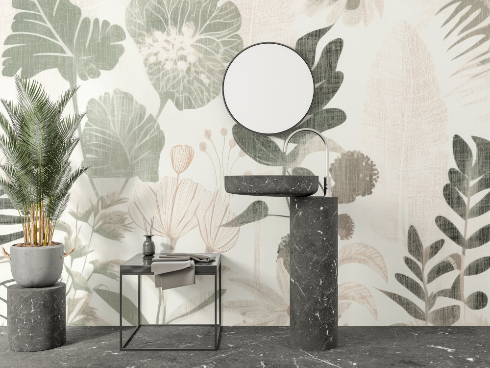 Tropical leaf mural adding fresh style to a minimalist bedroom with white furniture