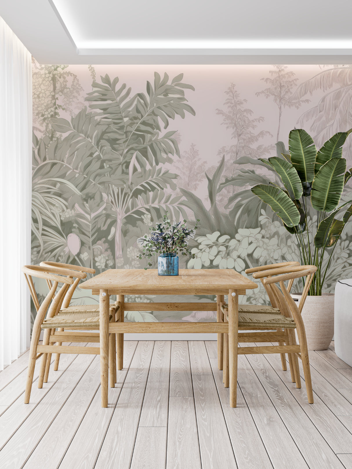Tropical botanical wallpaper with pink and sage leaves creating a calm atmosphere in a modern living room