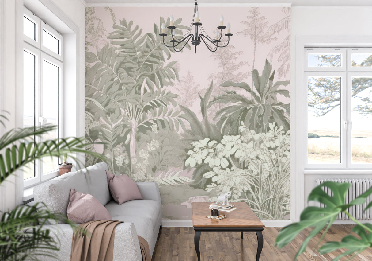 Pink and sage tropical leaf mural adding fresh style to a bright bedroom
