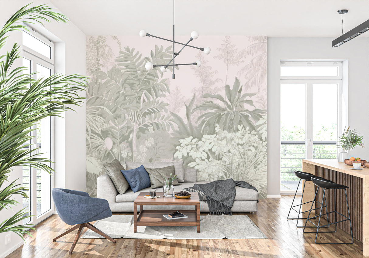 Botanical wall mural in soft pink tones enhancing a cozy dining space
