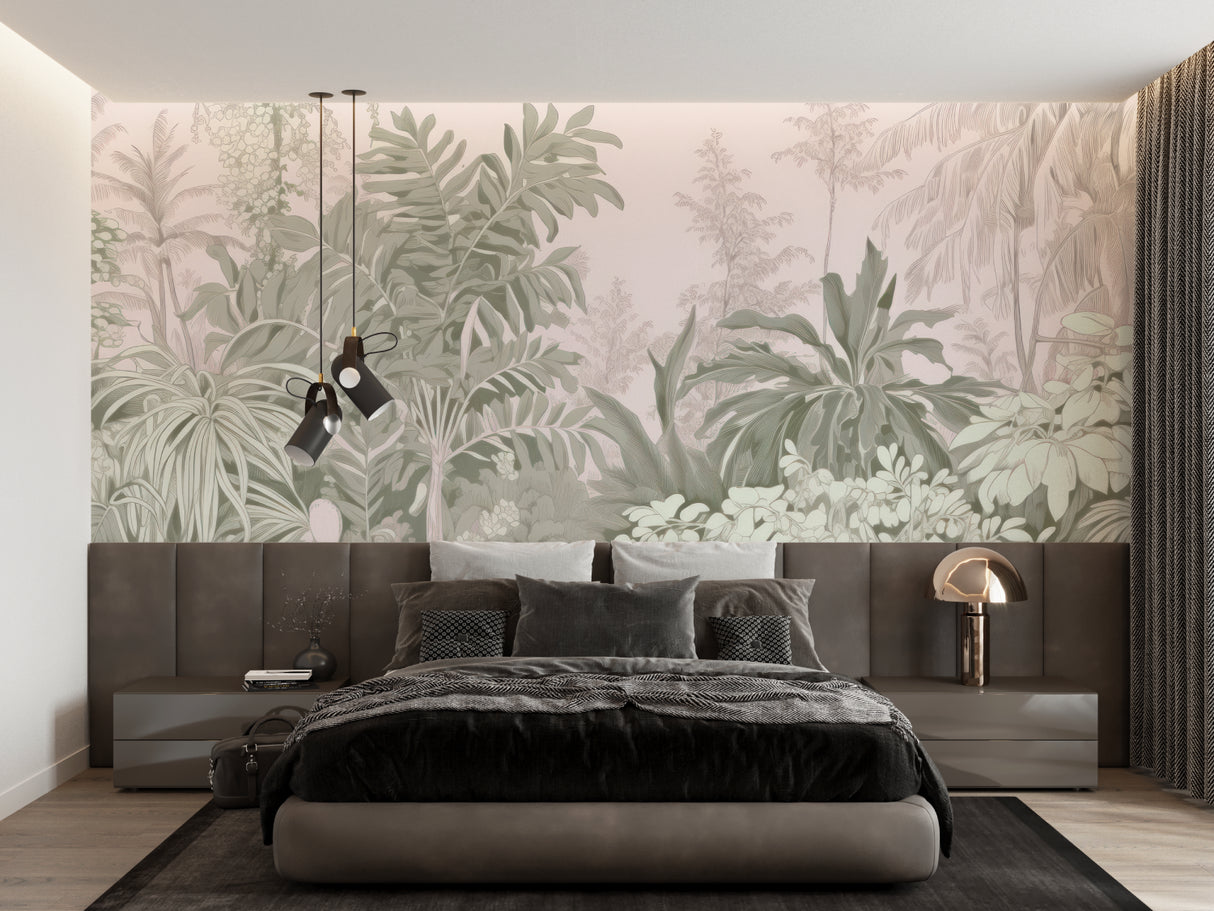 Tropical palm wallpaper bringing nature indoors in a peaceful home office