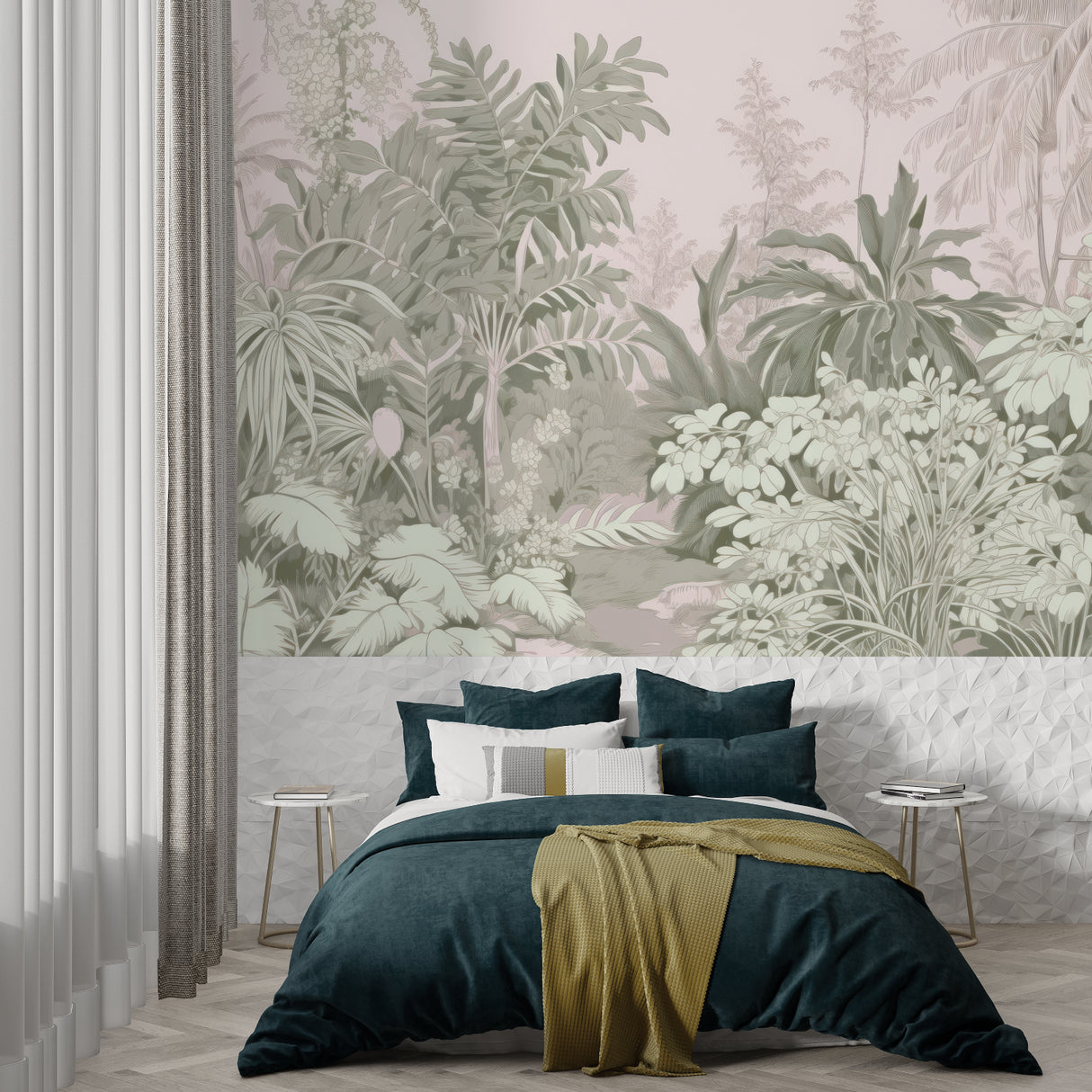 Pink and sage botanical mural creating depth in a stylish hallway