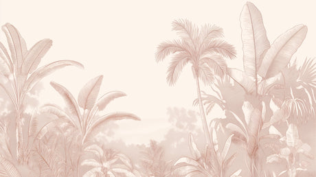 Tropical palm wallpaper in soft pink creating a cozy atmosphere in a modern living room