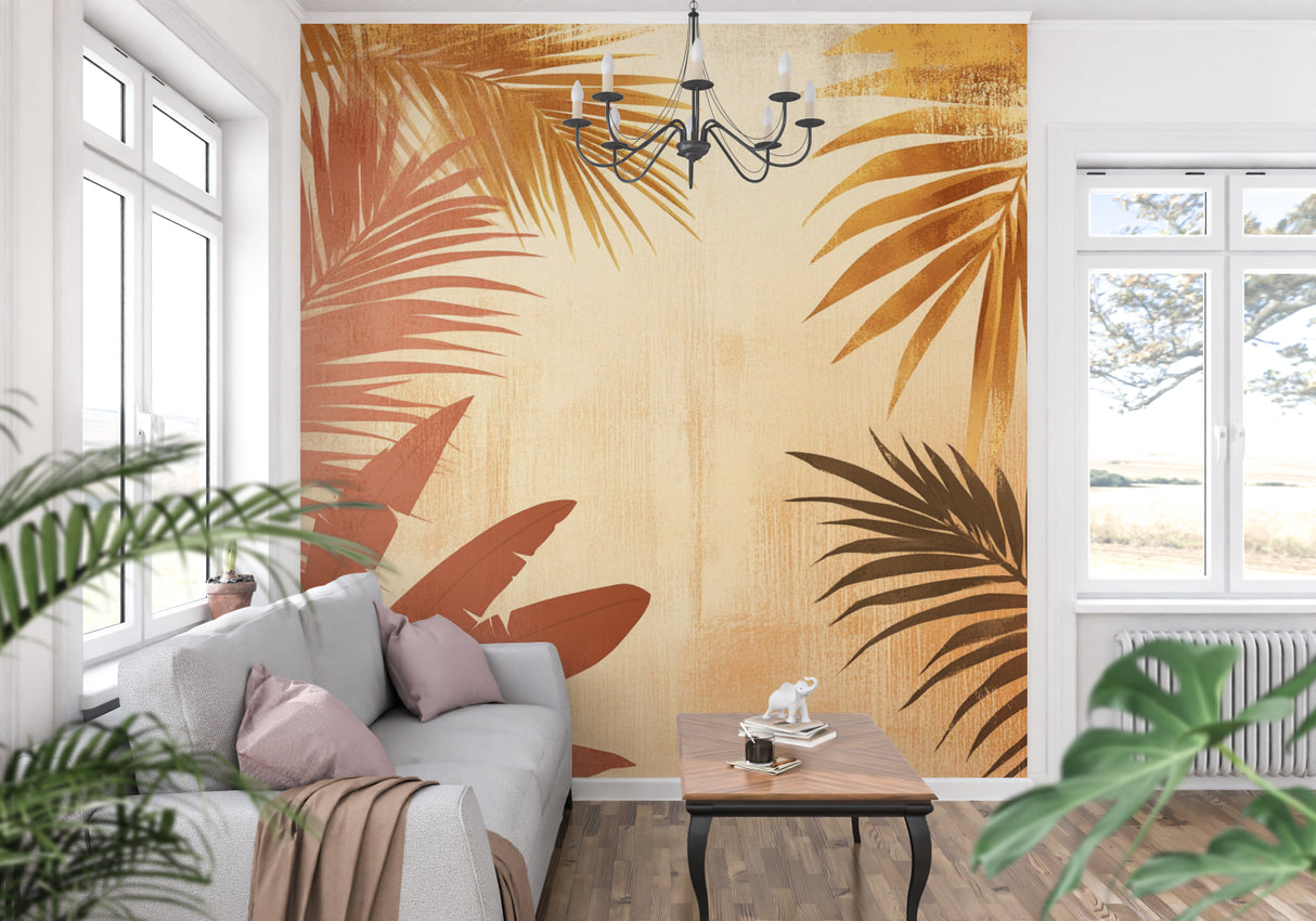 Tropical palm leaf wallpaper in modern living room showing terracotta and golden tones