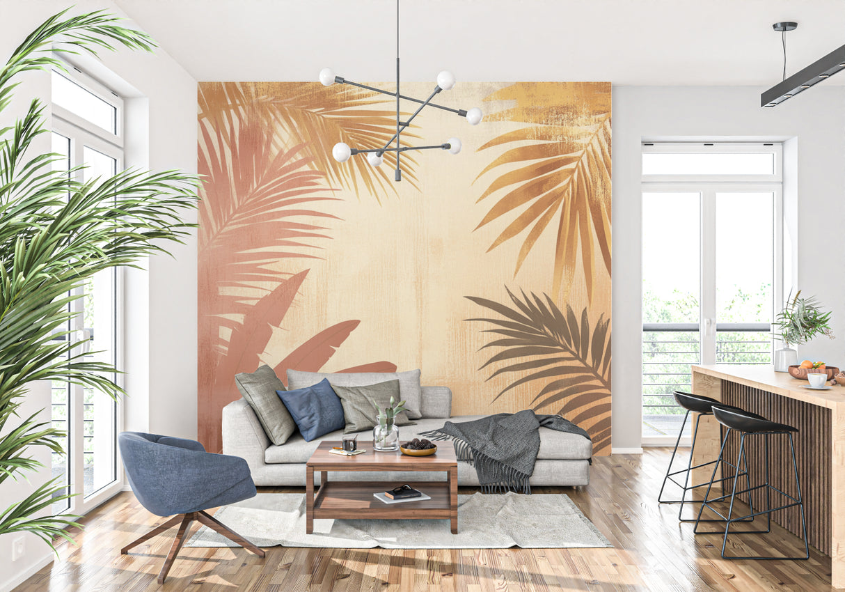 Stylish dining room with palm leaf mural wallpaper in warm terracotta shades