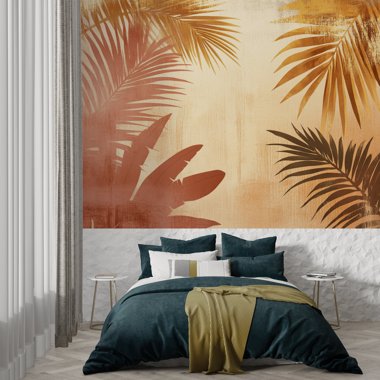 Home office featuring botanical palm leaf wall mural in soft terracotta colors