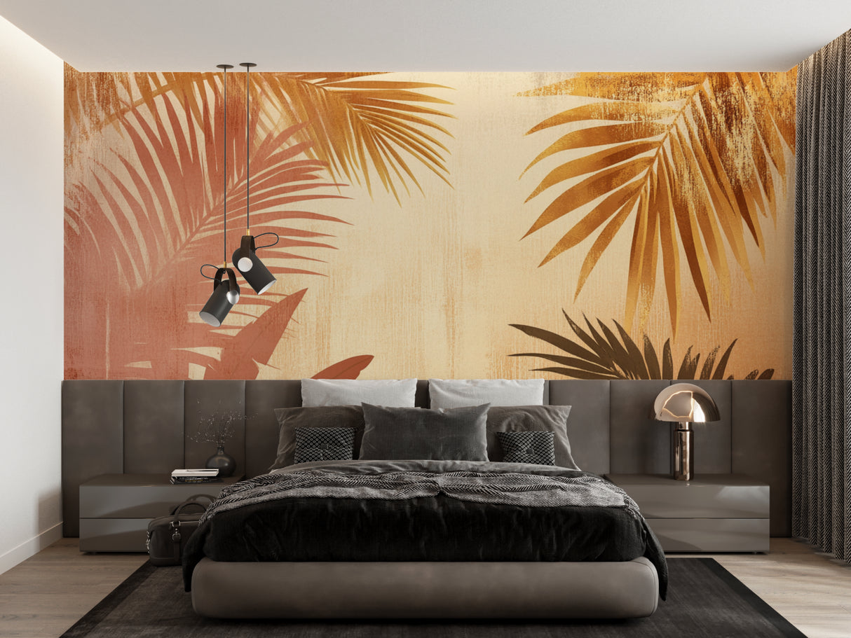 Bedroom with tropical palm wallpaper showing gentle golden highlights