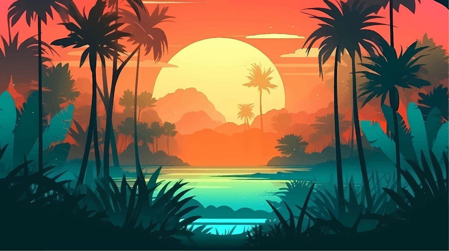 Tropical sunset paradise design file showing detailed palm trees silhouettes against orange sky