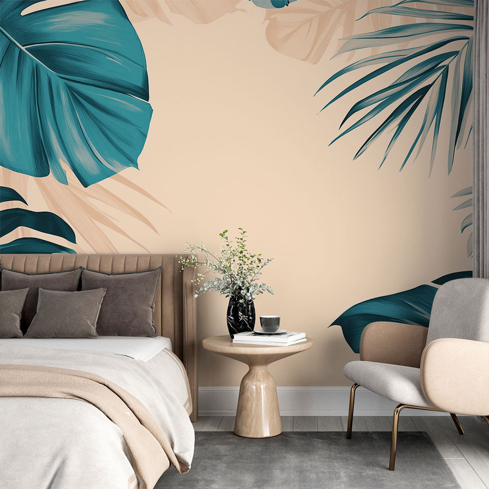 Tropical leaf wallpaper with teal Monstera pattern creating a calm atmosphere in a modern living room with natural light