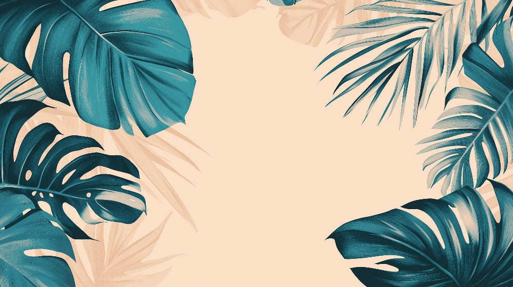 Teal Monstera and palm leaves design file on beige background showing detailed botanical pattern
