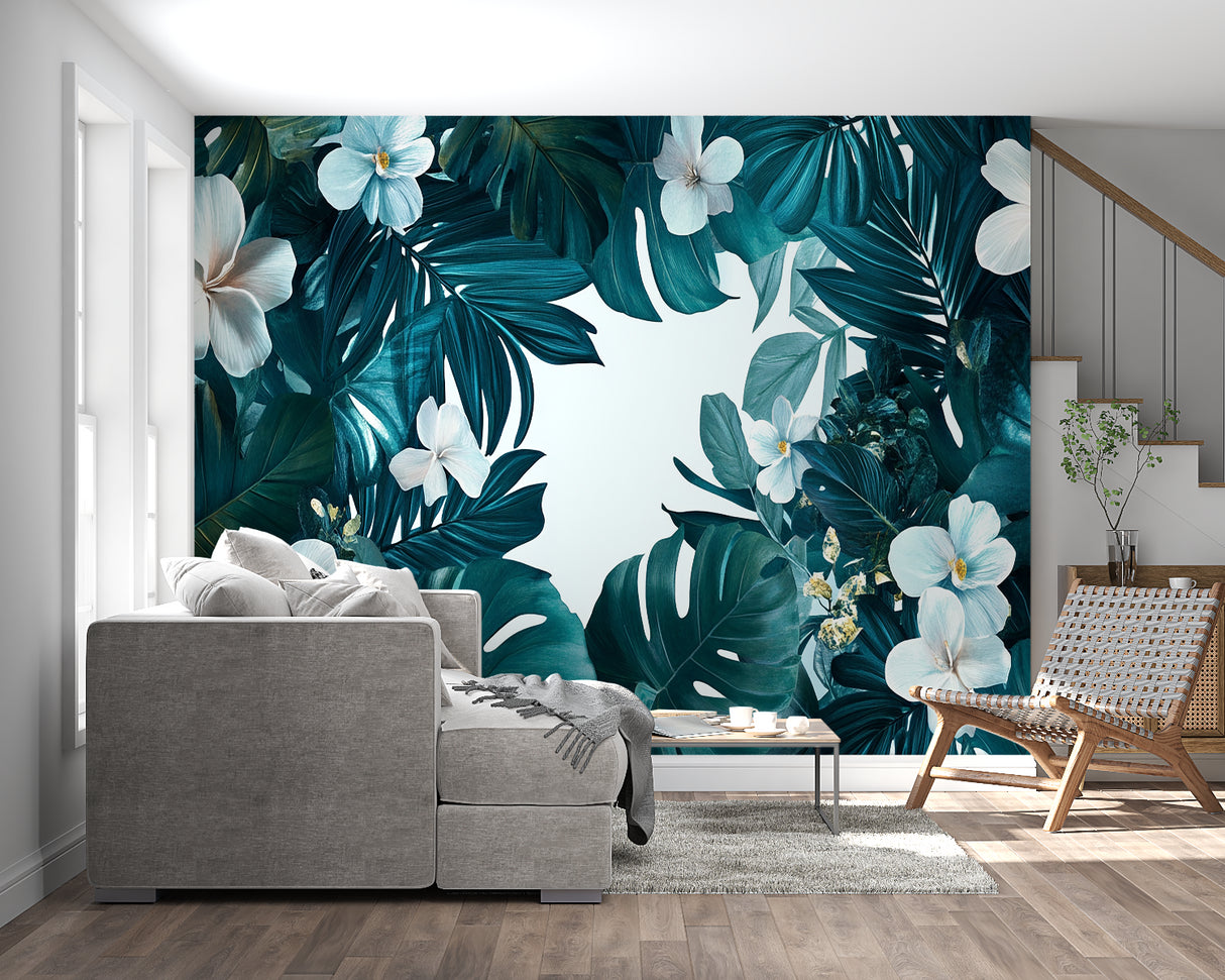 Teal Botanical Wallpaper making a statement in a cozy bedroom setting