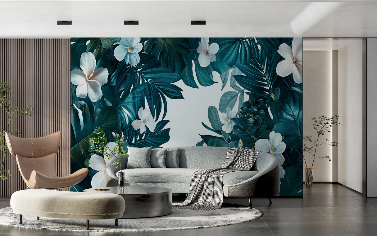 Monstera Leaf Mural adding depth to a home office space