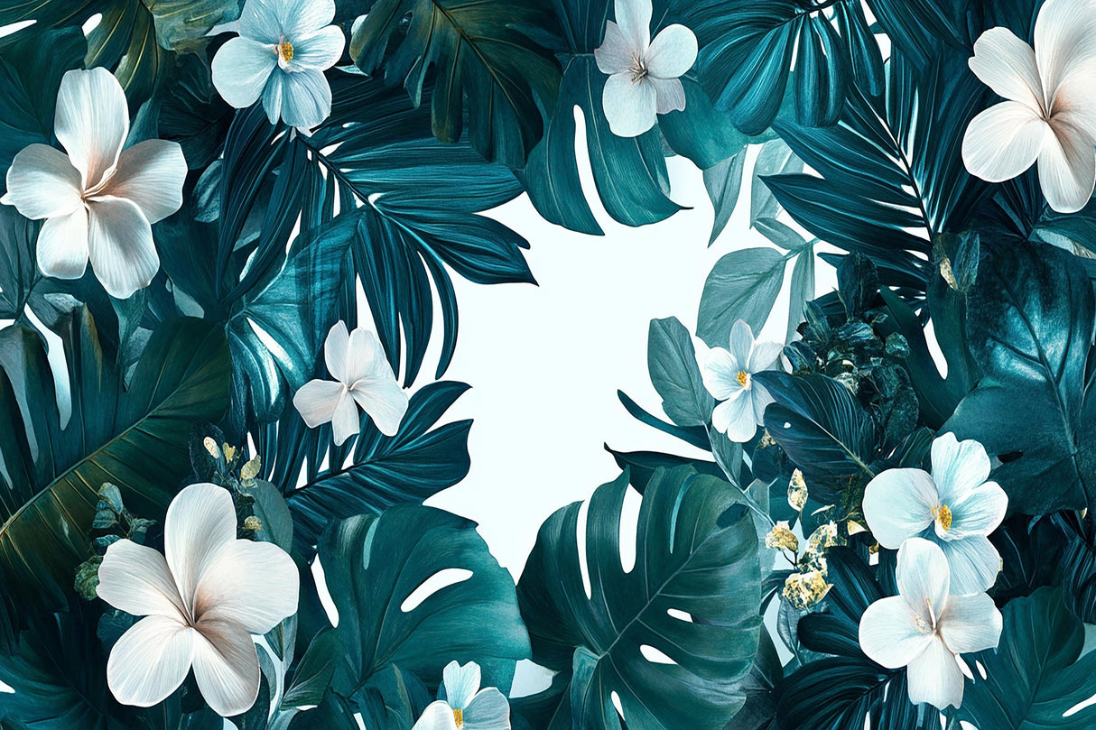 Teal Monstera and White Hibiscus design file showing detailed leaf pattern and floral elements