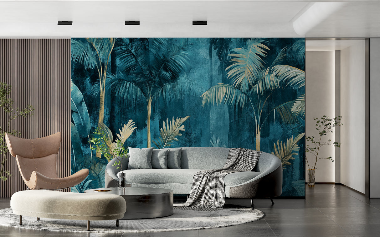 Tropical palm wallpaper with gold accents creating luxury feel in modern living room