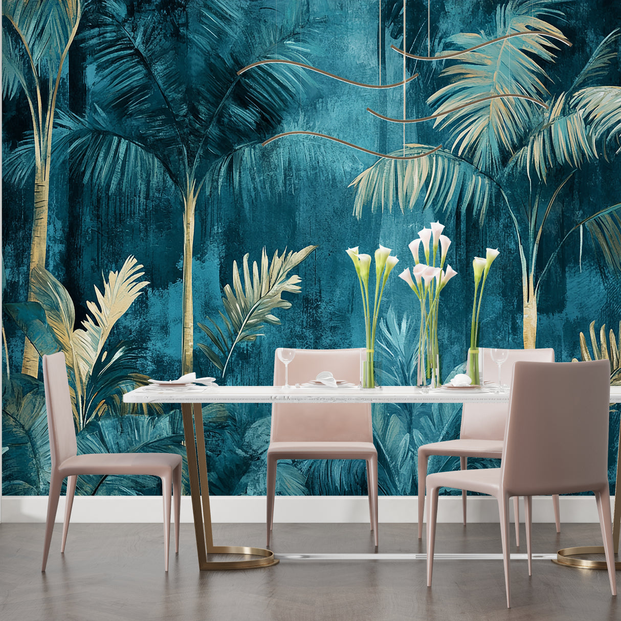 Teal and gold palm leaf mural adding depth to master bedroom