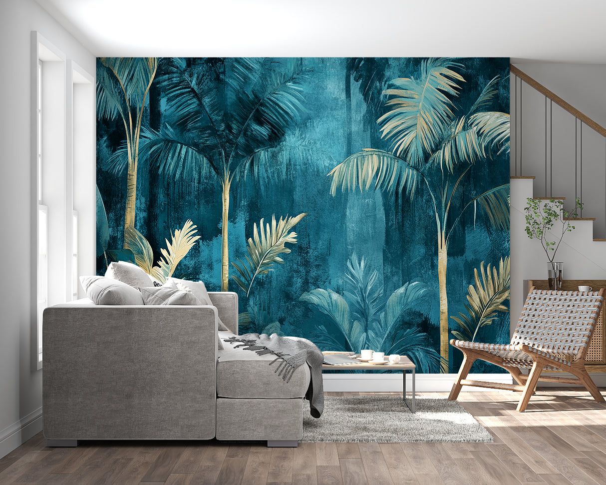 Palm forest wallpaper bringing tropical vibes to dining room