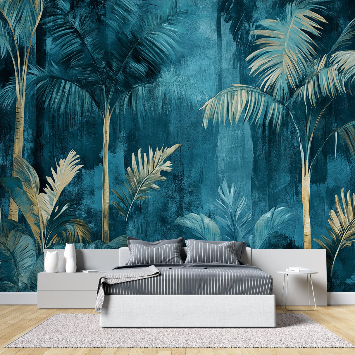 Golden palm leaves on teal background transforming home office