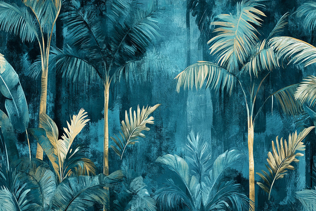 Design file showing detailed golden palm fronds pattern on rich teal background