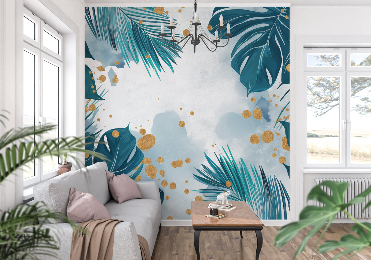 Tropical palm leaf wallpaper with gold accents creating a luxury feel in a modern living room setting