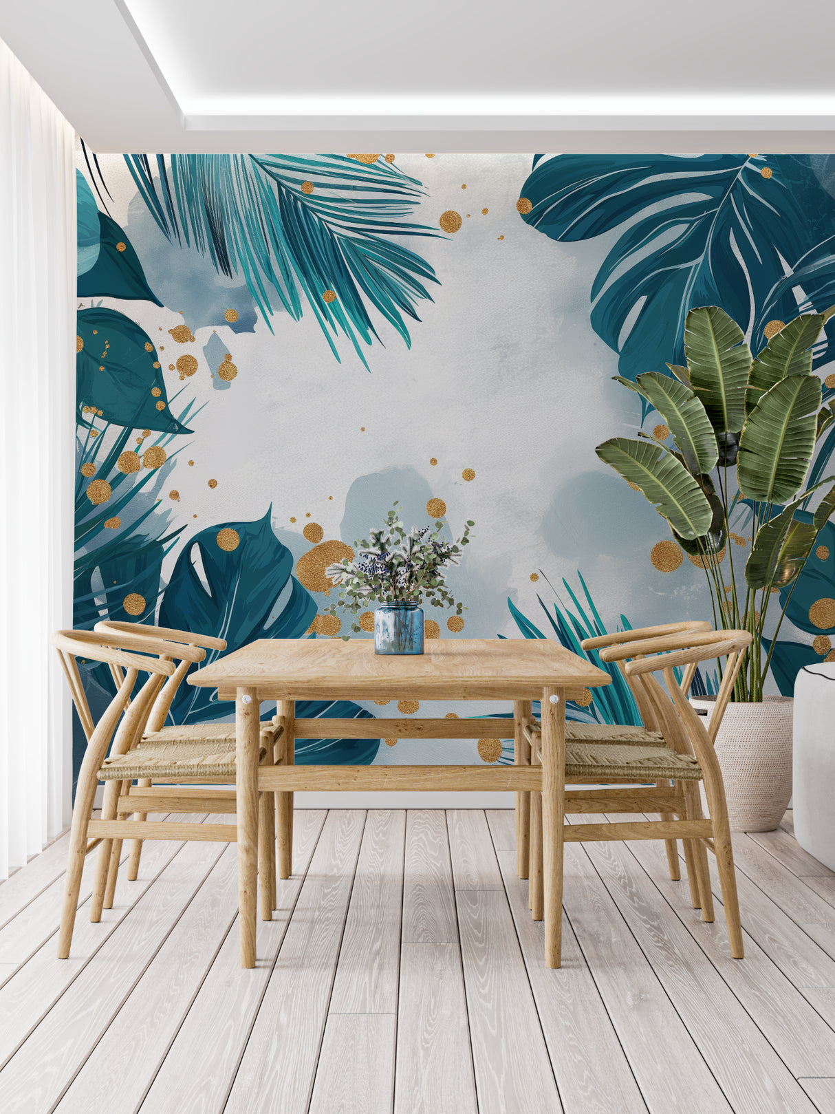 Master bedroom featuring teal and gold tropical wall mural adding depth and sophistication