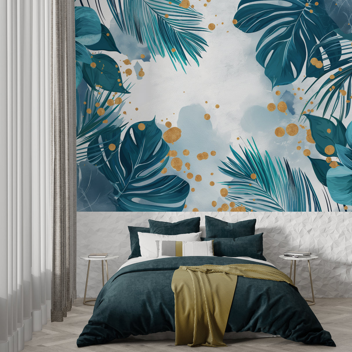 Home office space with tropical palm leaf mural creating a fresh and inspiring atmosphere