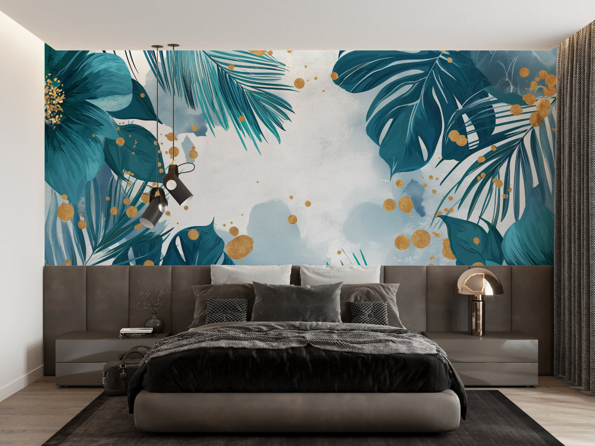 Dining room showcasing botanical wall mural with teal leaves and elegant gold details