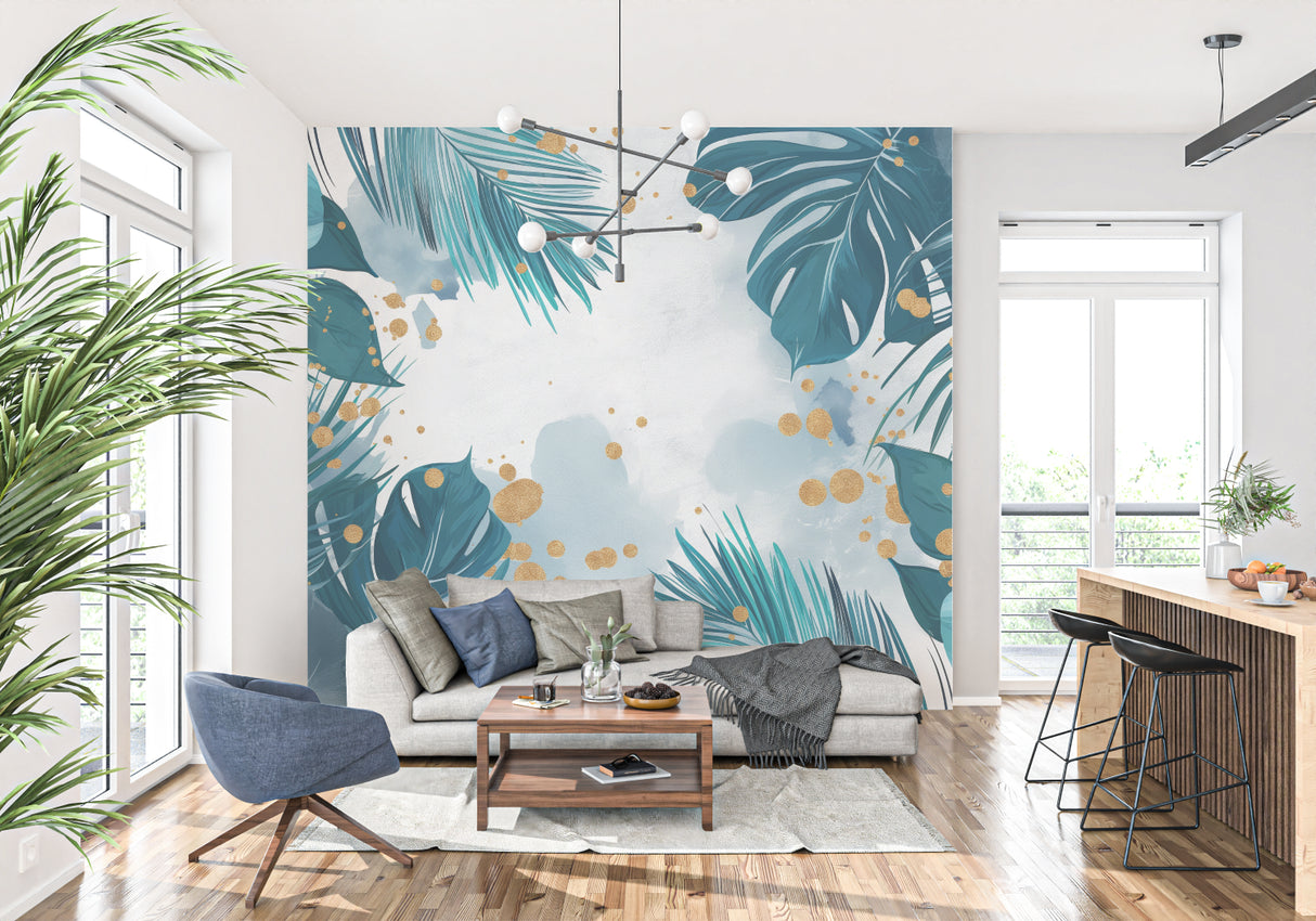 Entryway transformed with tropical palm leaf wallpaper creating an welcoming exotic feel