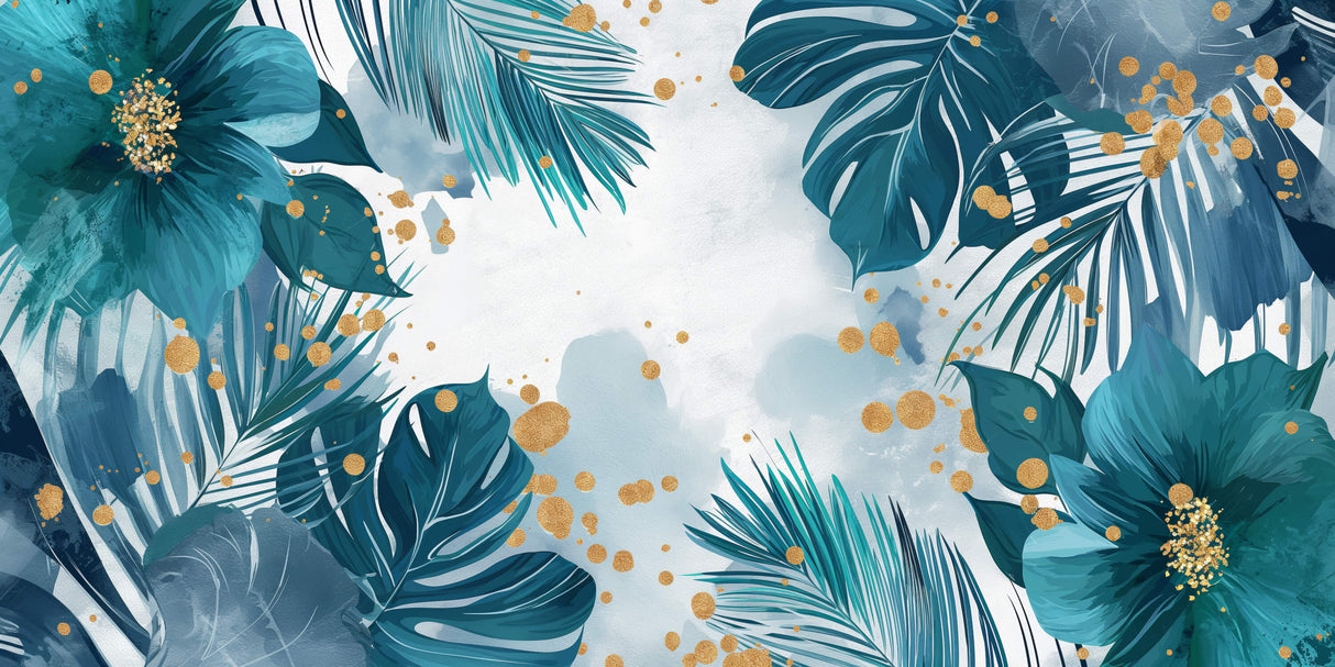 Design file of teal palm leaves pattern with delicate gold accents on white background