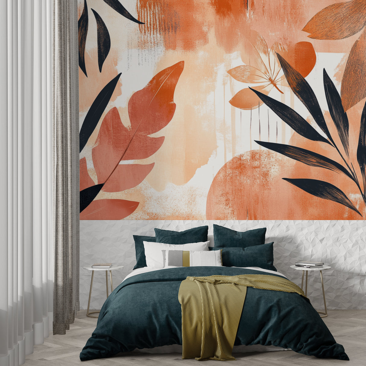 Abstract terracotta leaves mural creating focal point in minimalist dining room