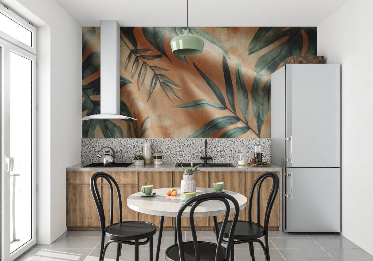 Tropical leaf wallpaper in modern living room showing terracotta and sage green botanical design