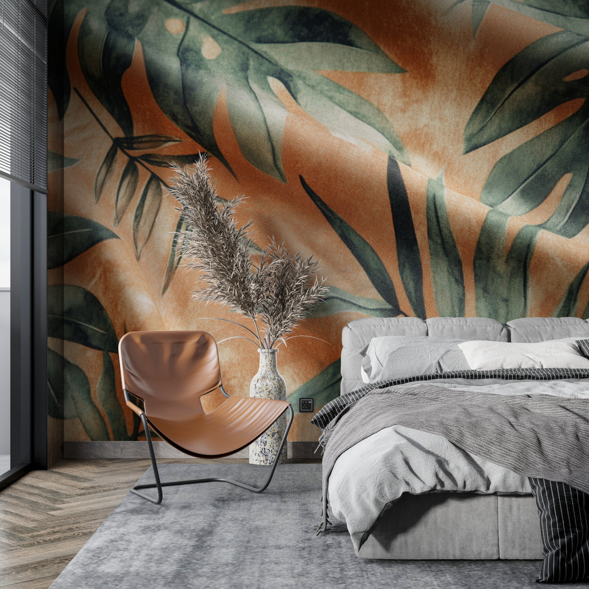 Home office with botanical wall mural showing large-scale palm leaves