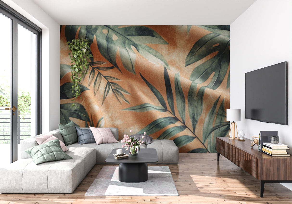 Bedroom featuring terracotta and sage green tropical leaf wallpaper