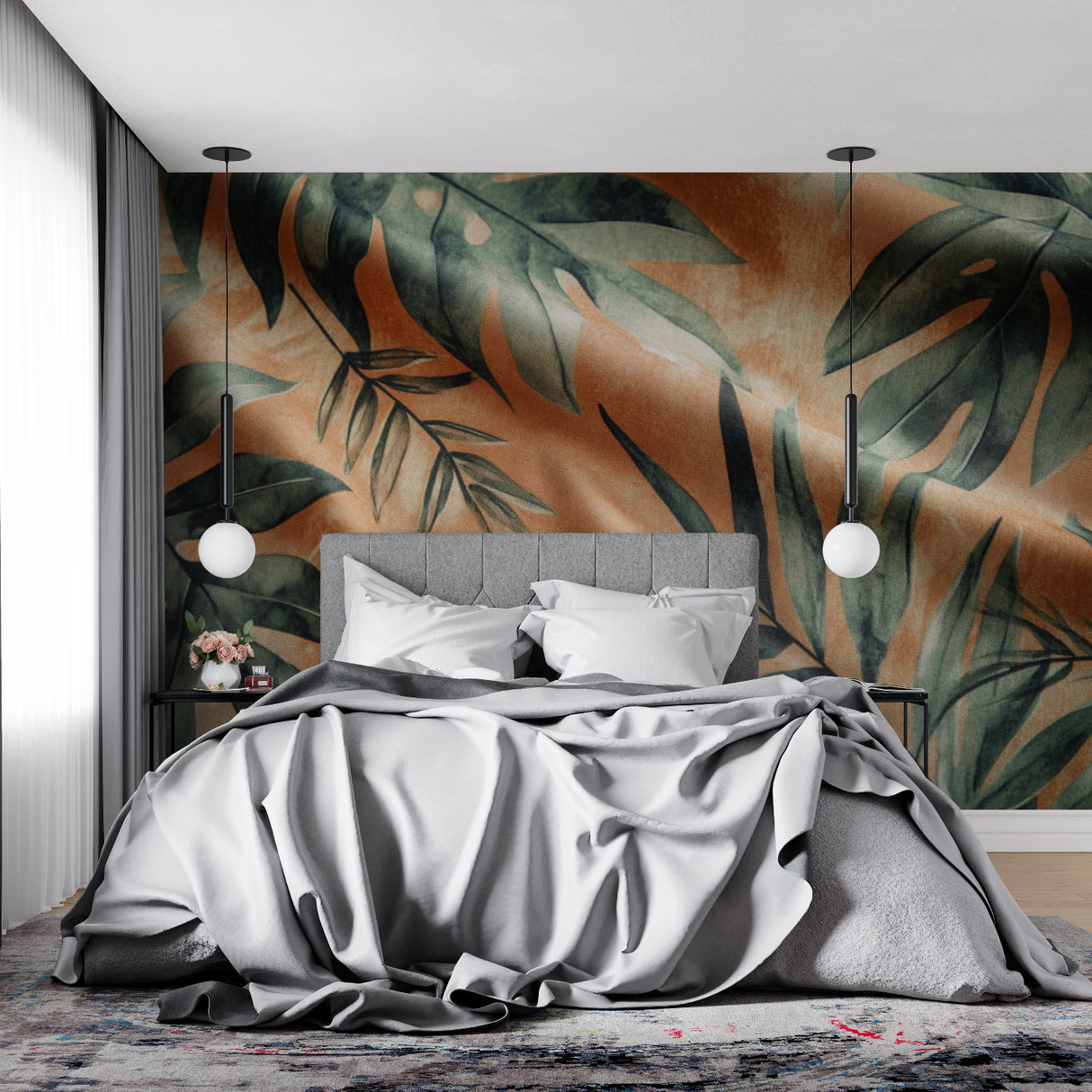 Entryway with tropical foliage wallpaper in warm earthy tones
