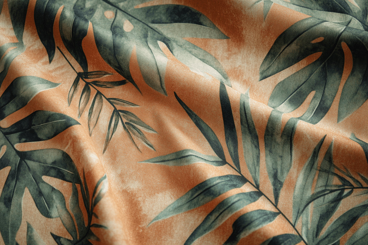 Tropical leaf wallpaper design file showing detailed terracotta and sage green pattern