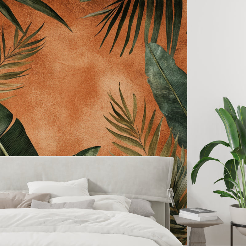 Palm leaves wall mural bringing warmth to minimalist dining room setting