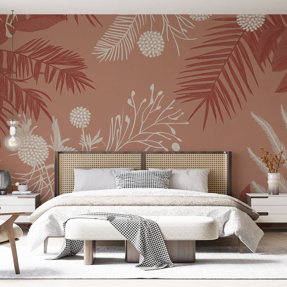 Tropical Palm Wallpaper creating a calm atmosphere in a modern living room with natural light and minimal furniture