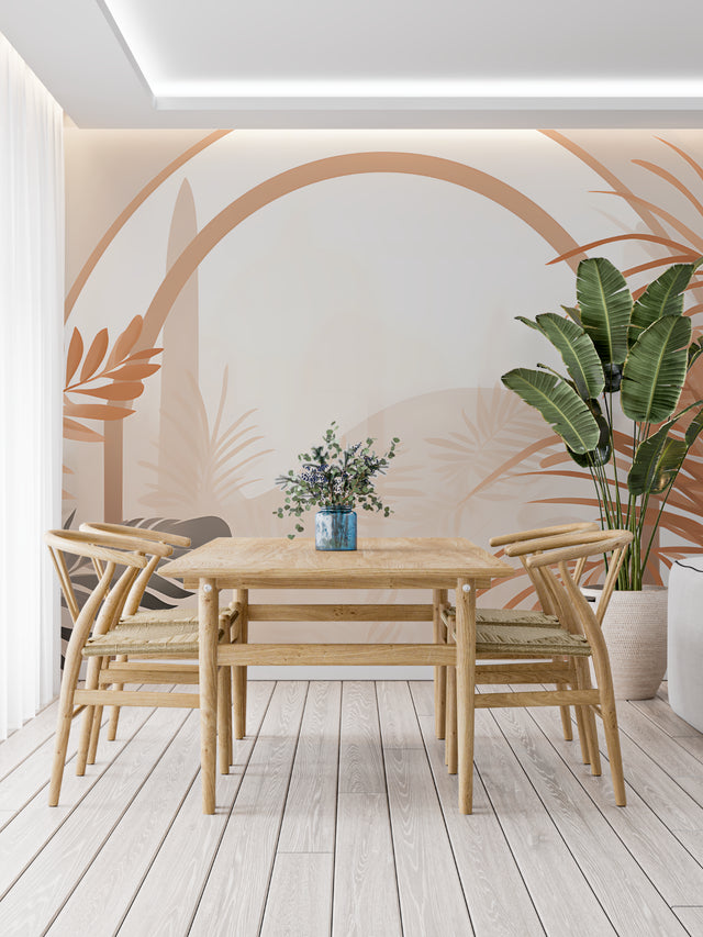Tropical arch wallpaper with terracotta palm leaves creating warmth in modern living room
