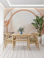 Tropical arch wallpaper with terracotta palm leaves creating warmth in modern living room