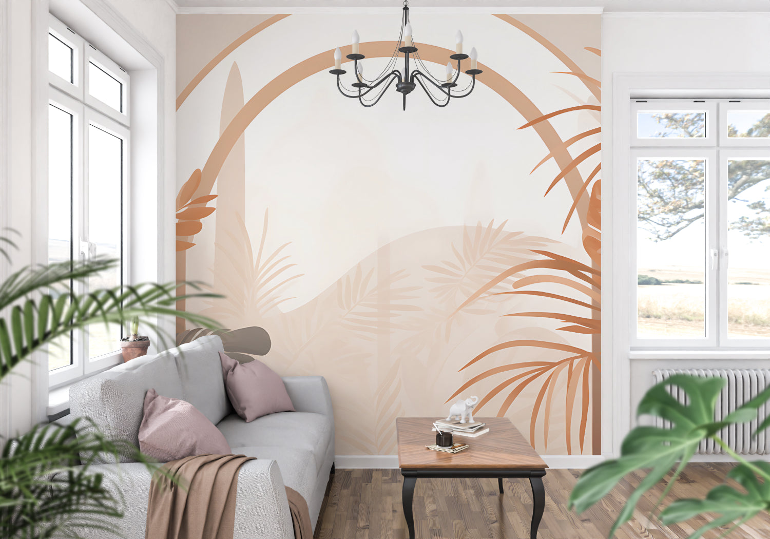 Palm leaves arch mural adding depth to minimalist dining space