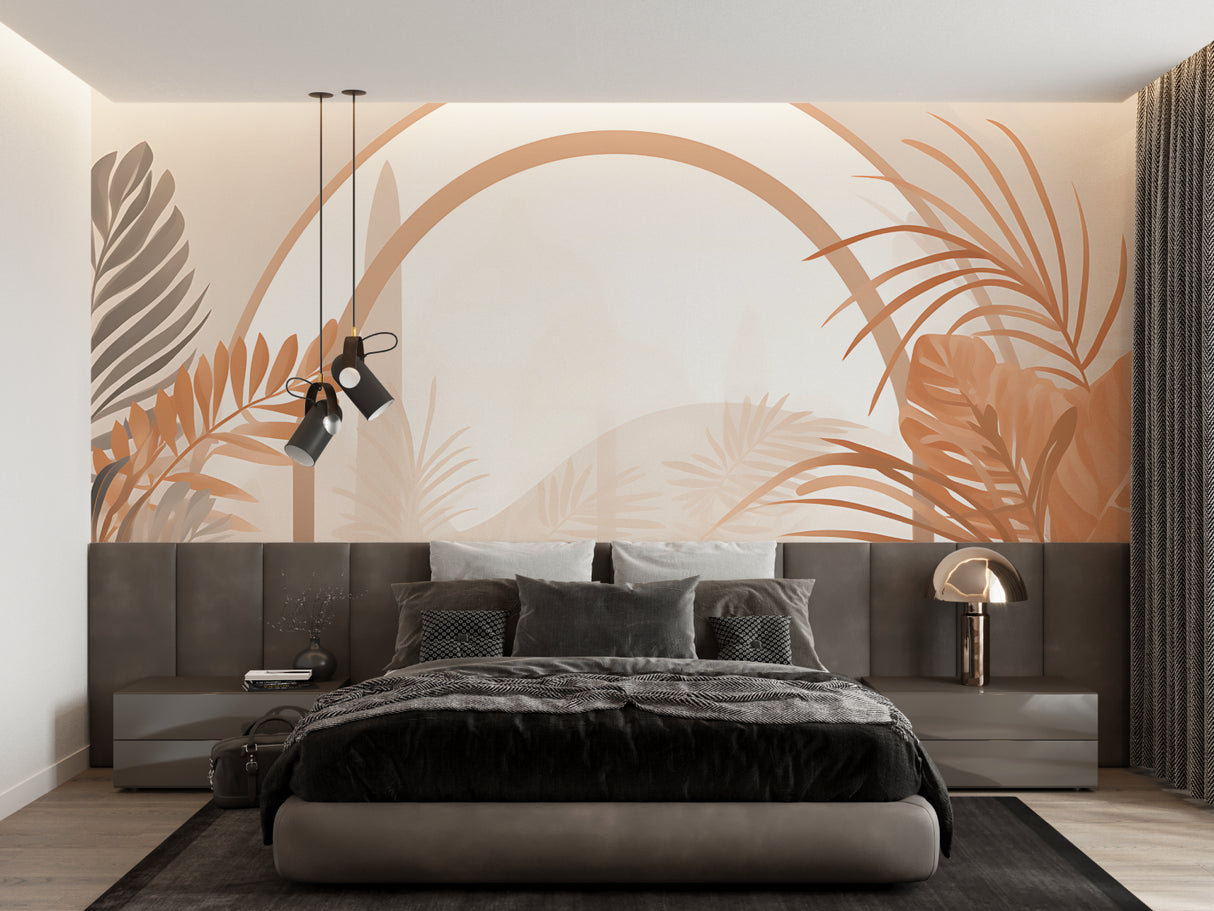 Terracotta palm leaves wallpaper making statement in bedroom