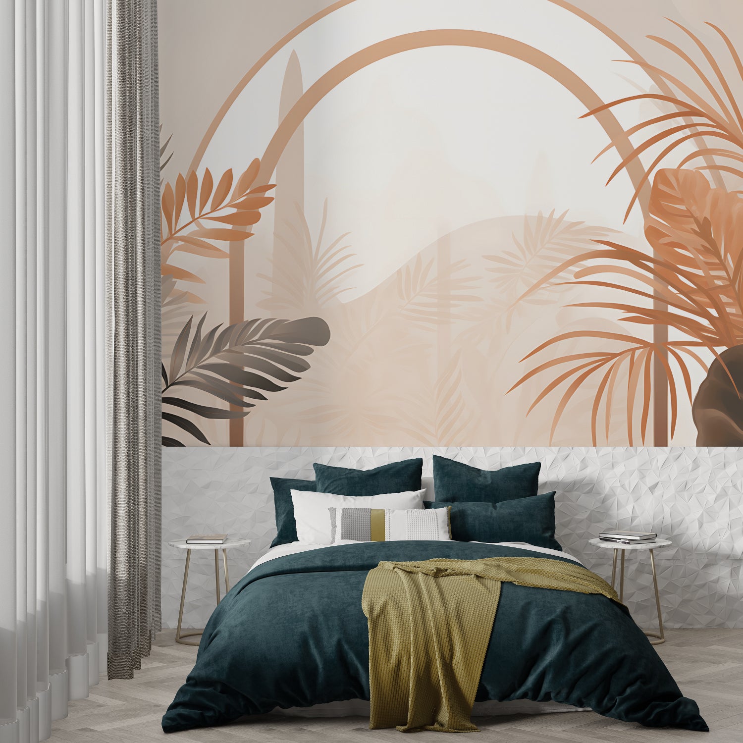 Tropical arch mural transforming home office with warm tones