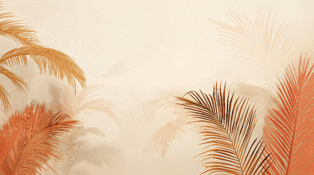 Tropical palm leaves wallpaper in terracotta creating a warm atmosphere in a modern living room with natural light