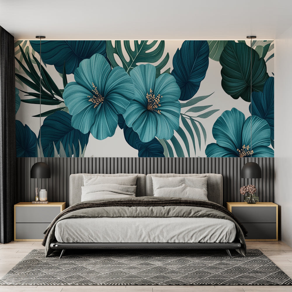 Tropical hibiscus wallpaper creating a fresh feel in a modern living room with white furniture