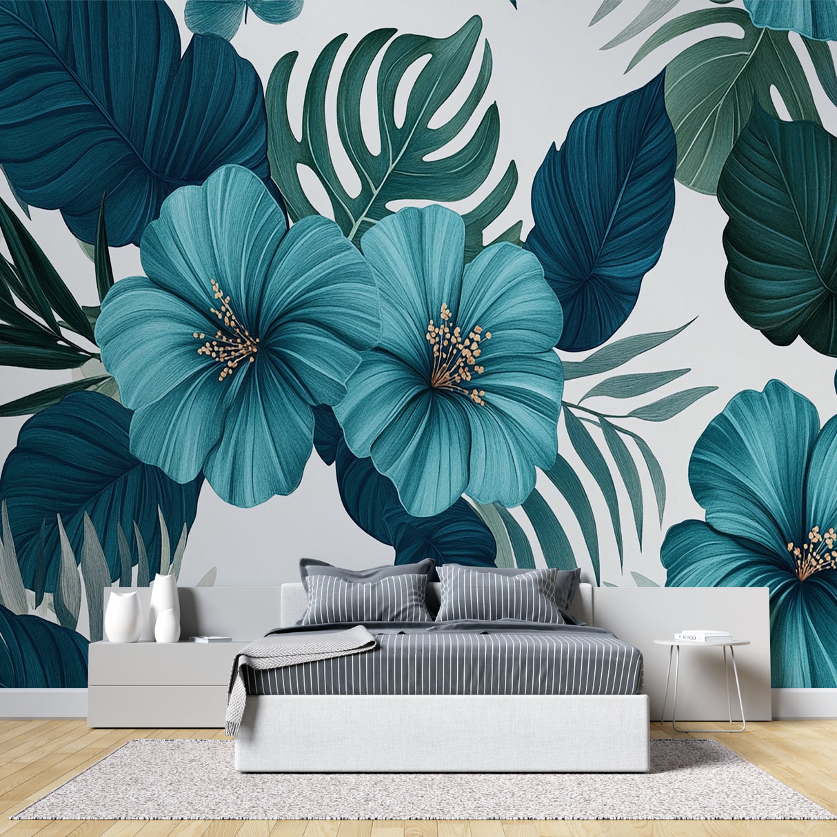 Turquoise hibiscus wall mural brightening up a cozy bedroom with natural light